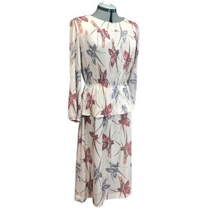 Vintage 1970s Japanese inspired peplum dress floral boho L large 12 14 70s 80s